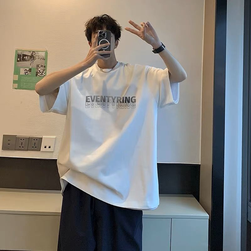 潮牌秋季男装短袖t恤衫男士纯棉圆领加肥加大码胖子宽松短袖藏蓝