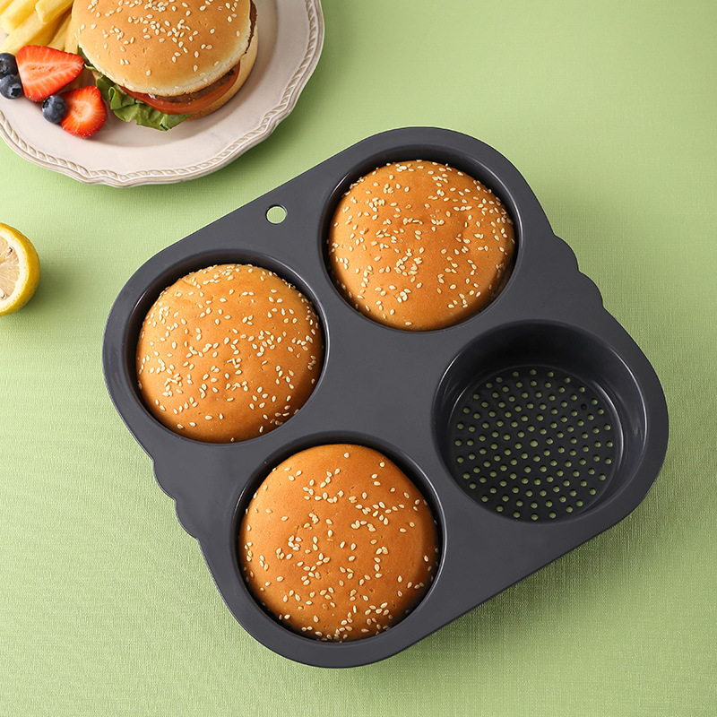 跨境新款四孔汉堡模不沾硅胶圆形耐高温家用烤面包hamburger mold