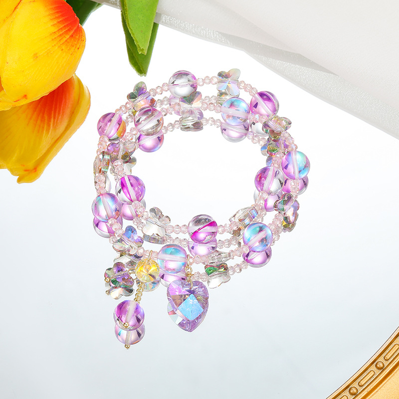 简约设计梦幻紫闪光石手链质感彩石串珠弹力绳可调节双层女生手串