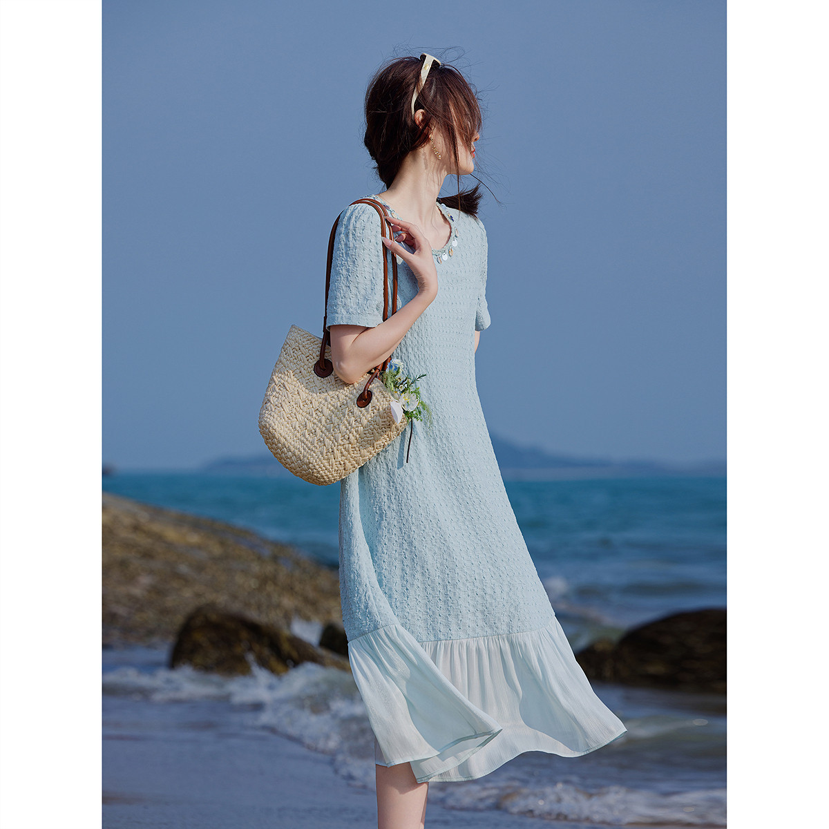 Summer French-style chanel-style patchwork round neck decoration short-sleeved loose straight skirt long dress