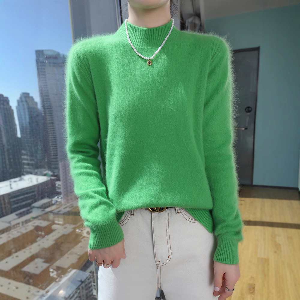 New Spring and Autumn 2025 mink fur semi-high neck knitted sweater, solid color loose pullover, warm base layer, wool sweater for women Specification image