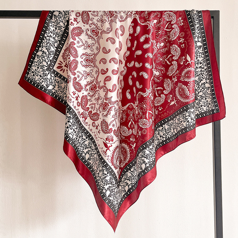 Two-color color-blocked cashew nut silk scarf, European and American retro silk scarf, silk-like scarf, 90cm large square scarf, thin headscarf shawl Application Scenario