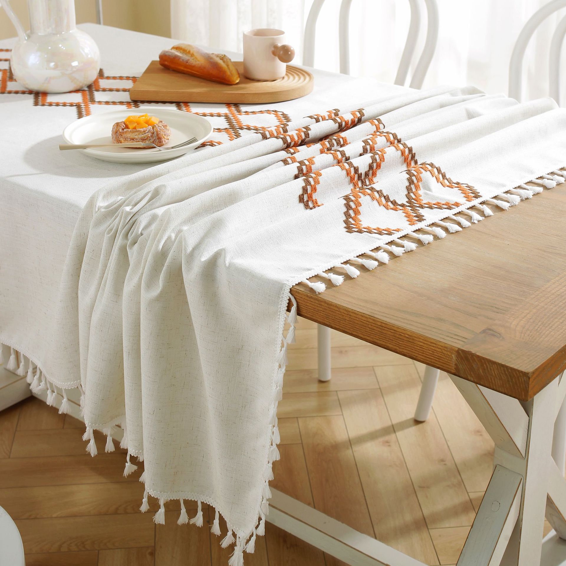 New linen embroidered cross tablecloth, solid color tablecloth, coffee table pad, cotton and linen decorative table, ins style bestseller, rectangular details Picture