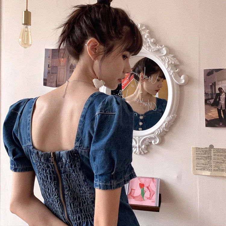 大码可盐可甜法式复古方领高腰牛仔连衣裙夏女小个子微胖甜美短裙