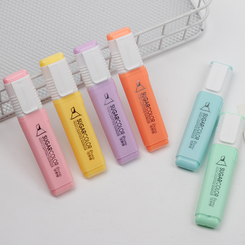 Macaron-colored highlighters, colored oblique-tipped water-based markers, student stationery, outlining markers, large-head pens