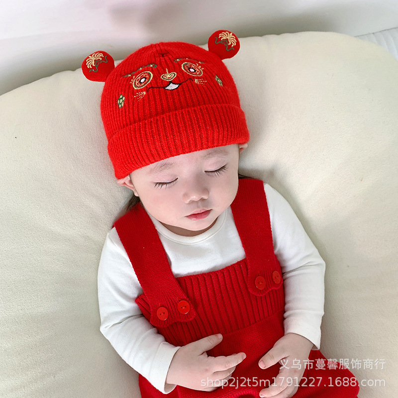 婴儿帽子秋冬季百天小孩针织帽红色中国风状元帽新生儿宝宝毛线帽