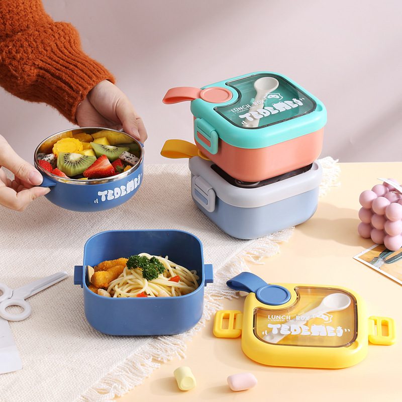 Cross-border 304 stainless steel children's baby food bowl, square baby food scissors, grinding tool set, tableware, meal box details Picture
