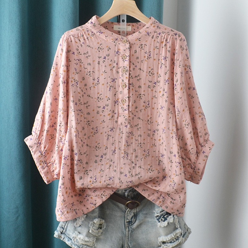 Summer retro floral stand-up collar double-layer baby cotton yarn three-quarter sleeve shirt, artistic style, loose cotton blouse for women details Picture