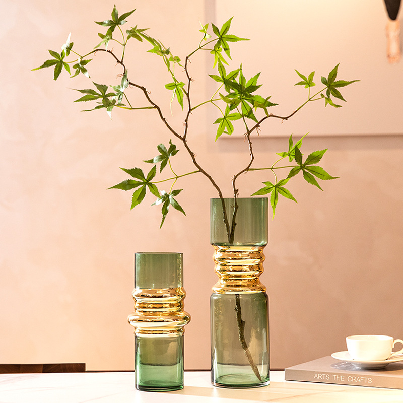 现代轻奢透明金色竹节玻璃花瓶客厅样板房会所设计师装饰花器摆件