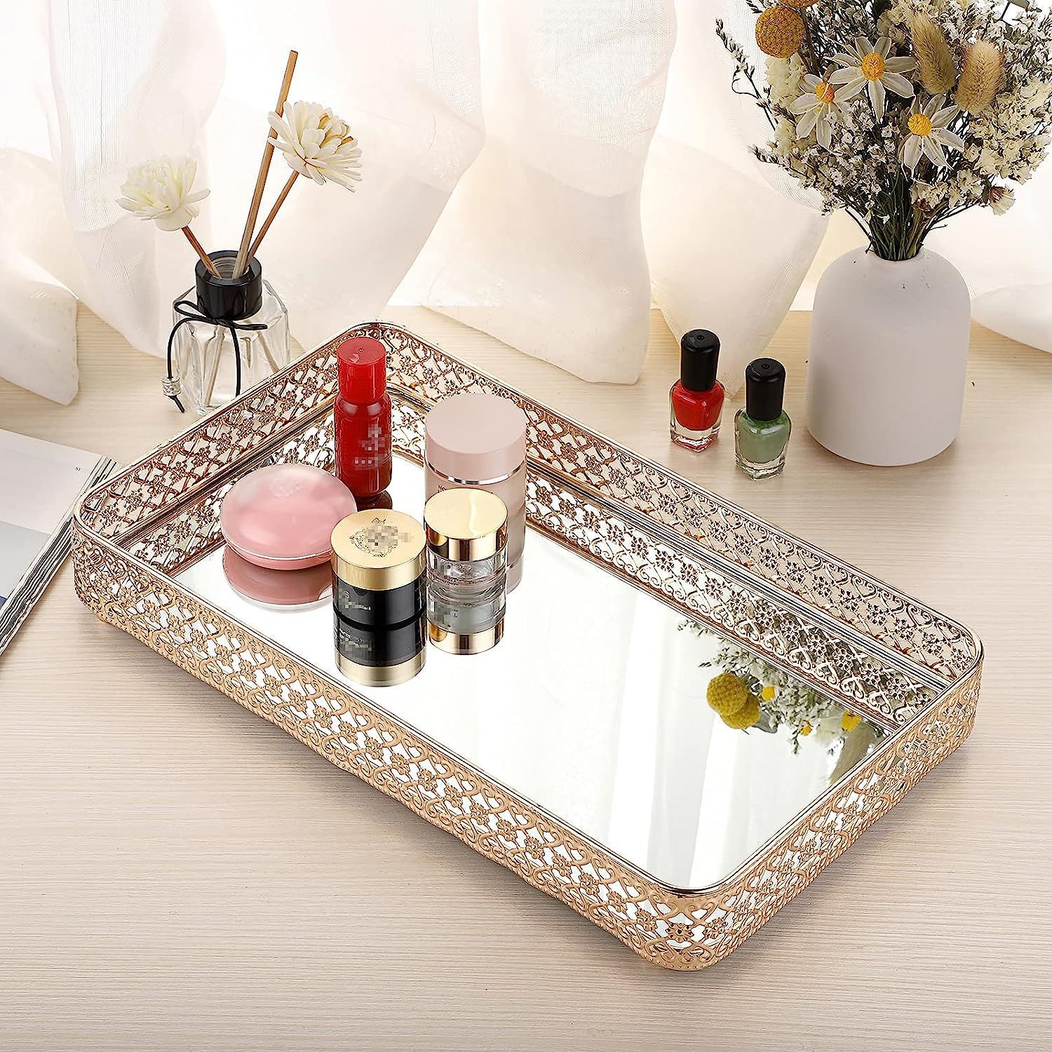 Perfume Mirror Tray Makeup Vanity Tray Hollow Carved Jewelry Jewelry Storage Organizer Decorative Tray Specification drawing