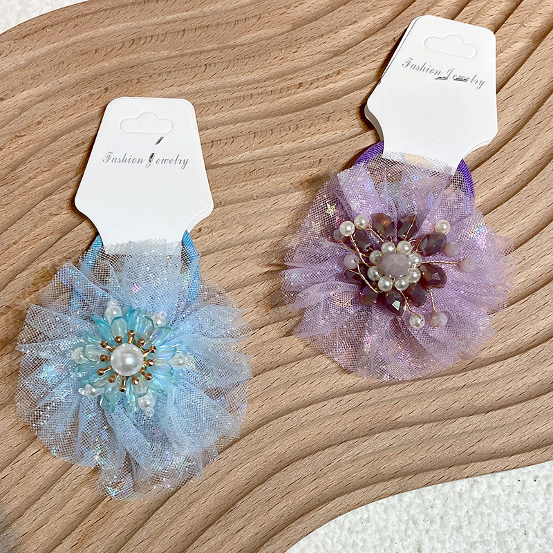 Korean Glitter Net Yarn Flower Hair Cord Sweet Girl Hair Cord Leather Band Hair Accessories Baby Hair Cord Hair Ring Headwear Wholesale Specification drawing