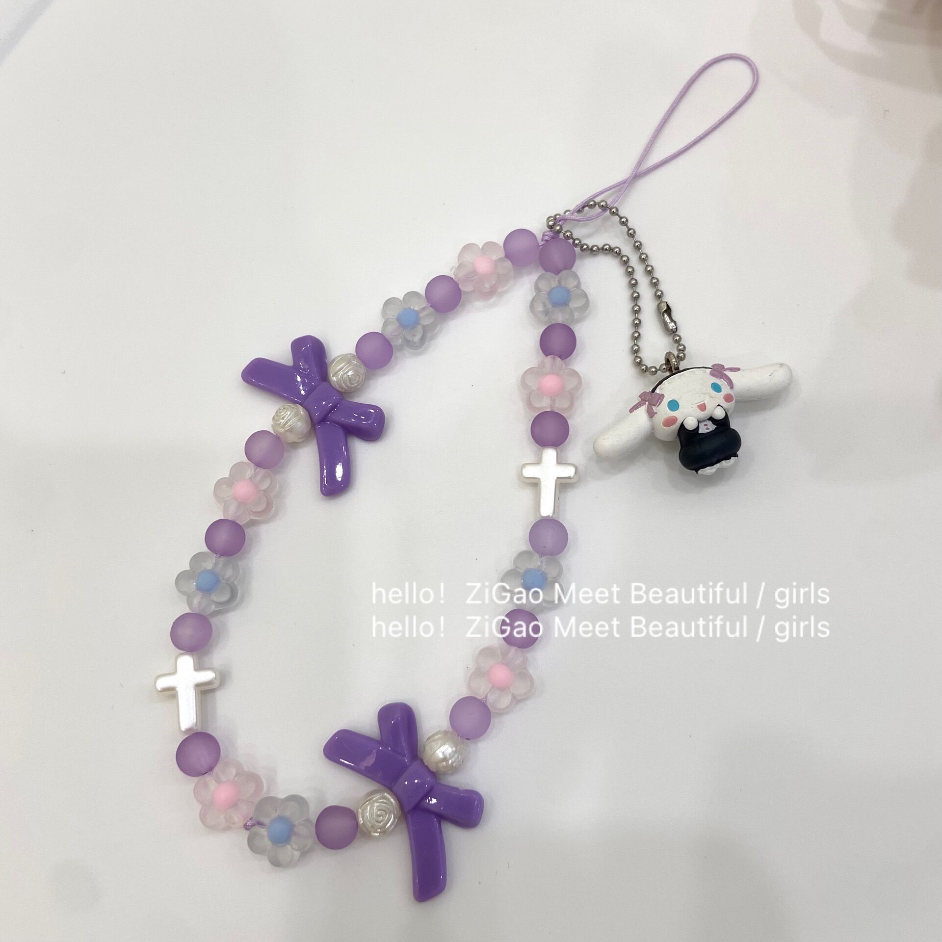 Cute Puppy Acrylic Bow Handmade Beaded Mobile Phone Chain Girl Heart Cross Mobile Phone Pendant Lanyard details Picture