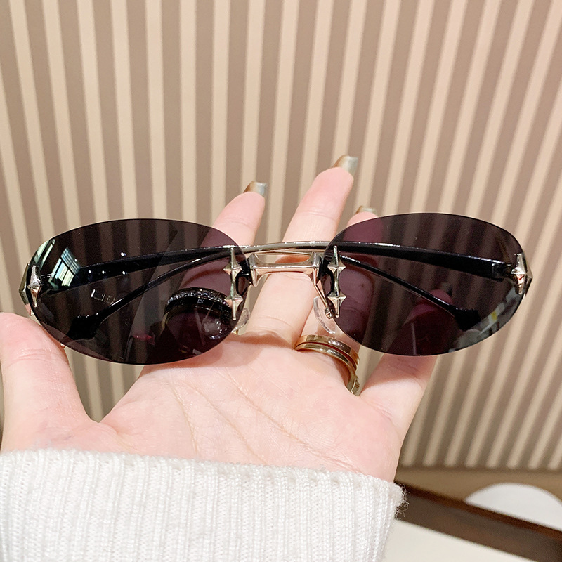 欧美无框椭圆复古高级感墨镜Y2K辣妹个性户外防晒星星跨境墨镜女详情图3