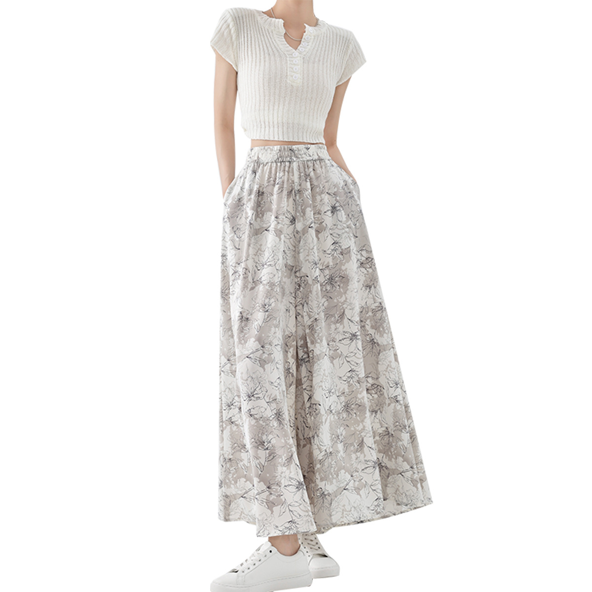 Ice Silk Ink Wash Painting Chinese Trend Women's Summer 2025 New pleated half-body casual and versatile high-waisted wide-leg skirt pants Item Picture