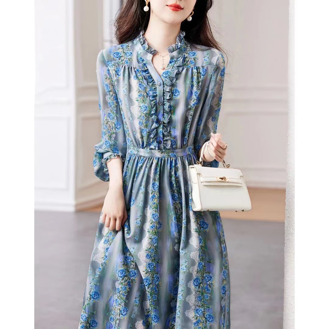 Flower Crepe Crepe Printed Skirt 2023 Spring And Summer New Stand Collar Waist Wooden Ear Edge Dress Women's Mid-Length Skirt