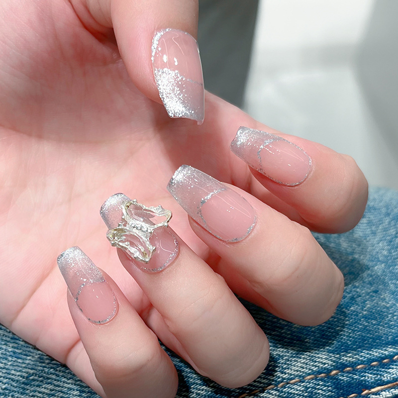 French Pure Desire Crystal Butterfly Wearing Nail Bare Powder White Ice Through Cat Eye Manual Light Therapy Nail Short Ladder Bride Nail details Picture