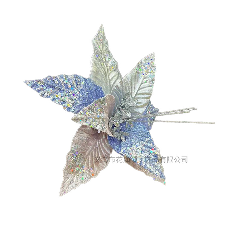 亚马逊爆款圣诞花头金粉花圣诞树装饰品一品红圣诞花环壁挂配件白底实物图