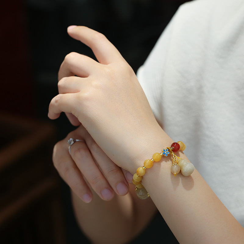 Qiu's Natural Xinjiang Golden Thread Jade Yellow Bracelet, best friend gift, small gourd tassel women's round bead jade bracelet details Picture