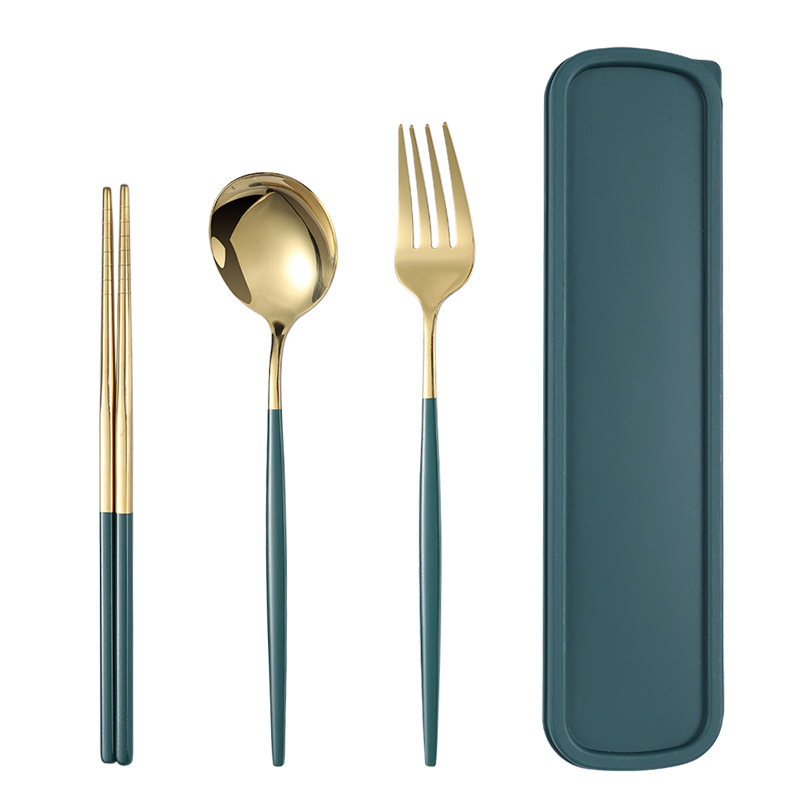 Three-piece set of stainless steel spoons, forks and chopsticks, portable tableware for students, high appearance level tableware storage box, can be printed with logo Item Picture