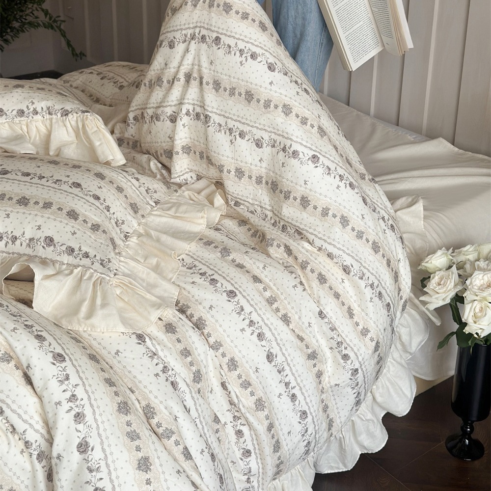 Romantic rose print French retro A Class all-cotton double-layer yarn four-piece set pure cotton retro lace duvet cover bed sheet Specification image