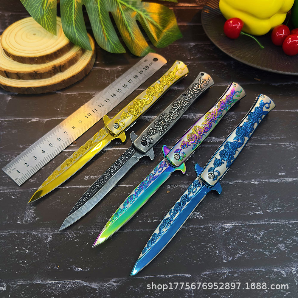 工厂批发现货3D浮雕折叠刀精雕玫瑰图案不锈钢折刀创意观赏刀