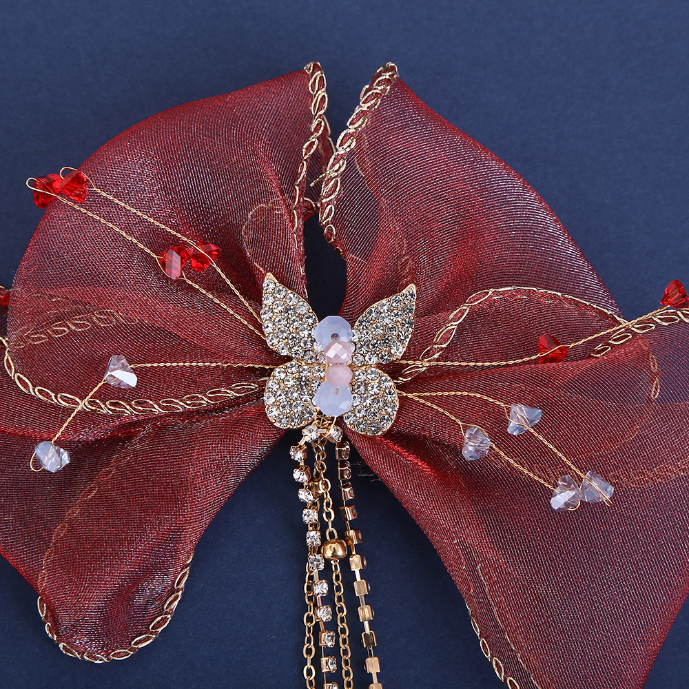 Burgundy Silk Bow Hair Clip Bridal Headwear Fringe Hair Accessories Set Toast Dress Wedding Photo Accessories Application Scenario