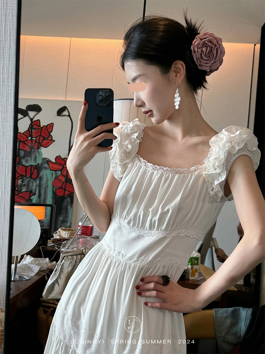 Lu Qingyi [Pear Blossom Snow] Watercolor Floral Dress for Women's Summer French puffed sleeves New Chinese-style long dress Item Picture