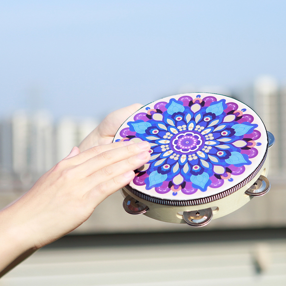 Wholesale Xinjiang Uygur 8 Inch Dunhuang Hand Tambourine Retro Dance Tambourine Children Adult Wooden Tambourine details Picture