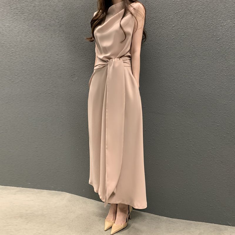 Estilo coreano chic verano francés elegante heap heap cuello cordón cerrado cintura slim vestido sin mangas vestido midi mujer Specification image