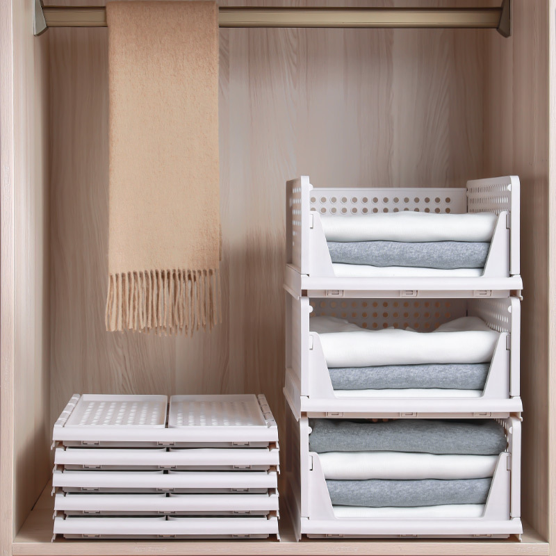 Clothes storage baskets can be stacked with drawer-type storage baskets, multi-layer partitions for wardrobe organization, and pull-out folding storage boxes Application Scenario
