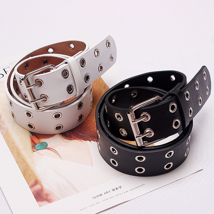 Punk hip Hop belt manufacturers spot double row steam eye hip hop trend leather metal hollowed out women's punk belt