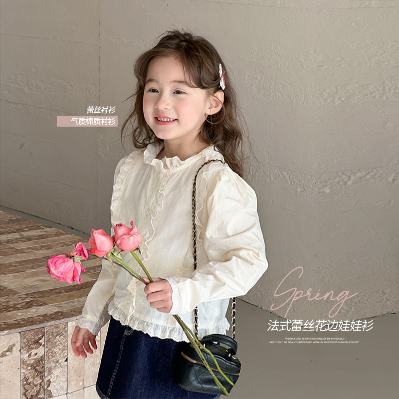 艾摩贝贝女童甜美气质百搭衬衣儿童淑女绣花棉布立领蕾丝花边衬衫