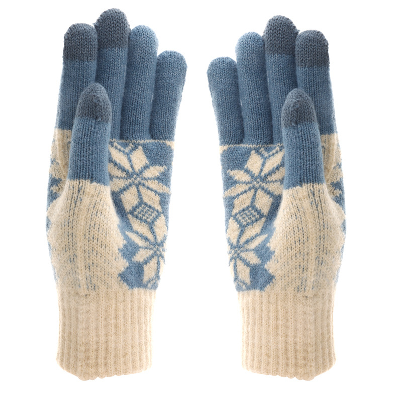 Autumn and winter adult warm gloves for women, with additional fleece cold-proof knitted snowflake wool, finger-separated touch screen gloves Item Picture
