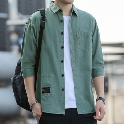 2025 Summer trendy and versatile three-quarter sleeve shirt, men's workwear shirt, loose short-sleeved top coat details Picture