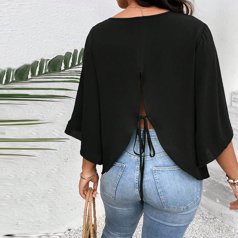The 2024 International Station's best-selling large-sized women's loose and casual T-shirt for autumn and winter, with black flared sleeves and a slimming short top