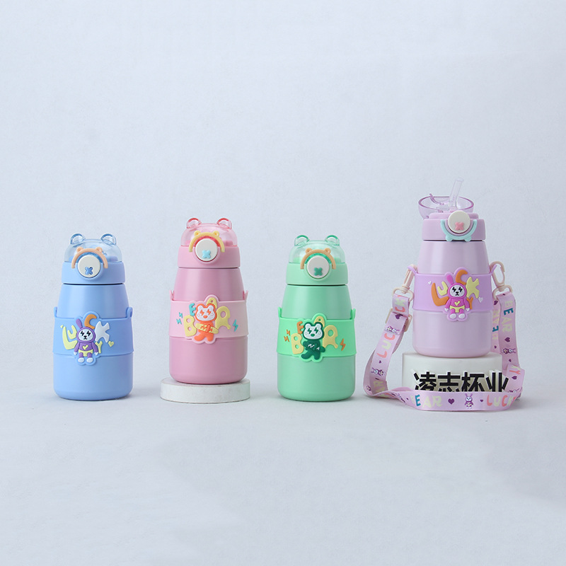 Fashion Stainless Steel Children's Cup Backstrap Rope Straw Thermos Cup Export Cheap Cup Flip Flip Bounce