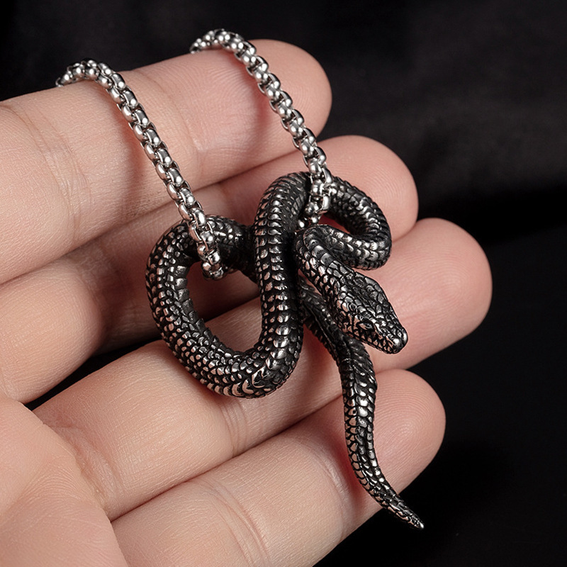 National Trend Aoxiang Jewelry Snake-shaped stainless steel pendant for men, personalized python titanium steel necklace details Picture
