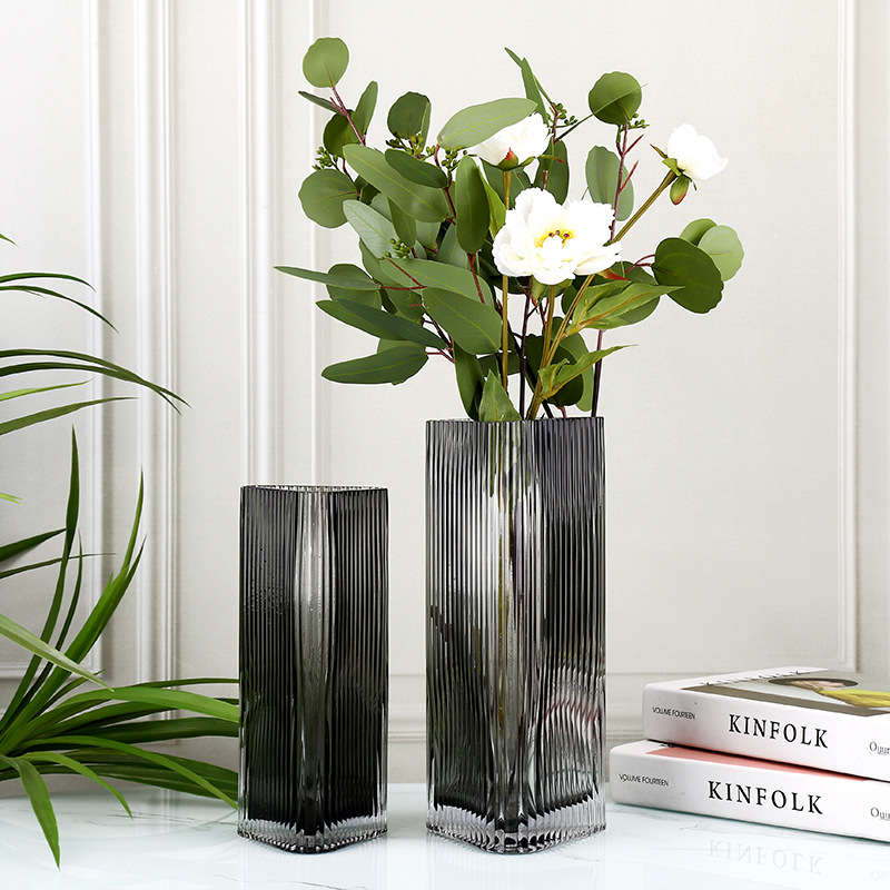 现代简约三角形条纹加厚玻璃花瓶高级感居家装饰绿植水培插花瓶