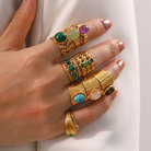 欧美复古不锈钢戒指18k镀金指环镶嵌孔雀石首饰饰品批发
