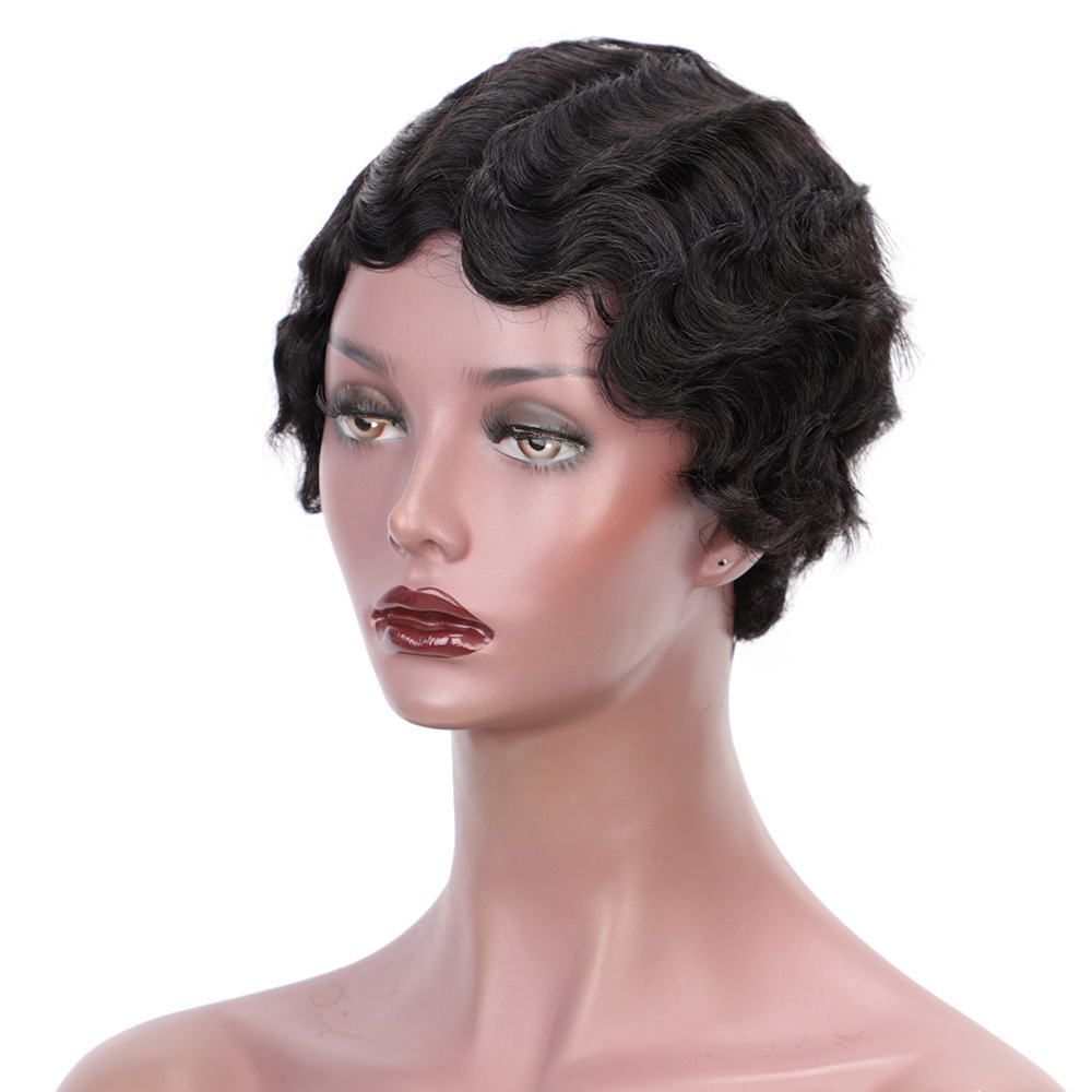 European and American wig, female real hair mechanism, retro Shanghai hairstyle, full real hair, wavy short curly hair cover, human hair details Picture