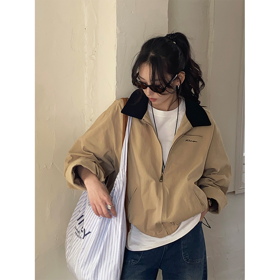 黄峥小众设计复古撞色翻领夹克外套女2025早春休闲风衣H1BC510013