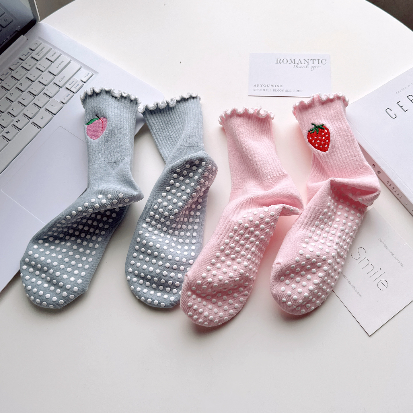 Sock stall, one-piece delivery, yoga socks, women's professional anti-slip silicone mid-calf socks, fitness and sports Pilates, cartoon fruit embroidery floor socks, one-piece delivery details Picture