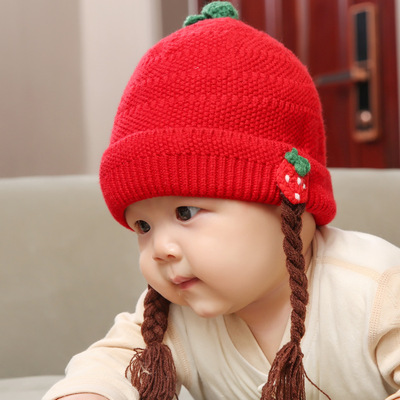 小孩帽子女童秋冬季加厚毛线帽宝宝假发帽保暖针织帽婴幼儿护耳帽