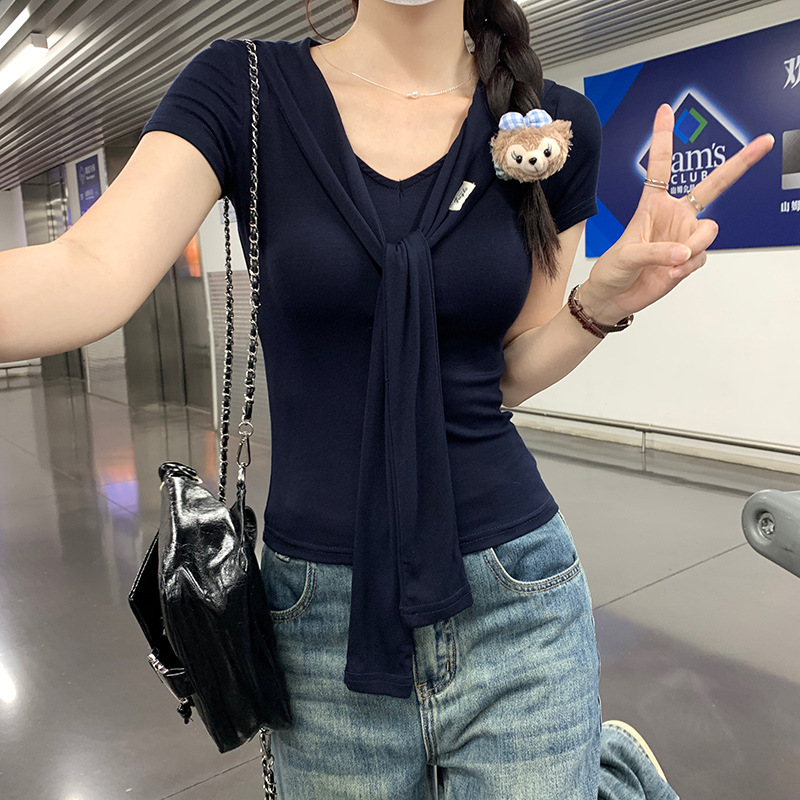 韩系正肩V领短袖T恤女夏季2025新款修身显瘦气质披肩设计感上衣潮