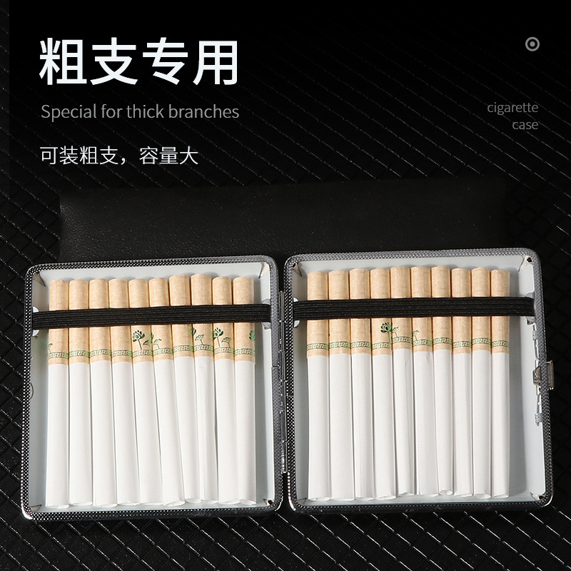 Hot-selling classic leather-textured and rubber-reinforced thick 20-piece cigarette box for men, portable and lightweight metal veneered cigarette box Specification image