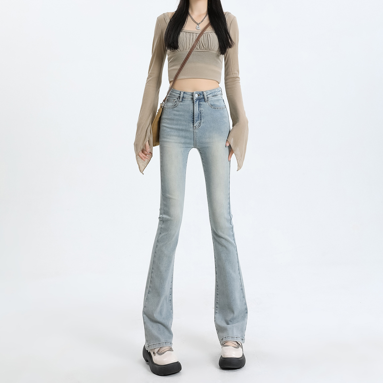 Light Color Micro Ripped Jeans Female Summer Slimming Xintang Denim Capital Nine Points Small Straight Flared Pants Spring And Autumn full figure