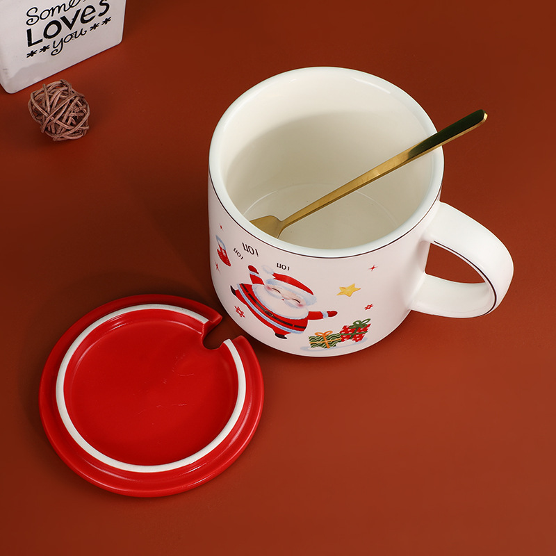 可爱个性圣诞老人陶瓷马克杯 创意个性圣诞节礼品带盖勺子咖啡杯细节图