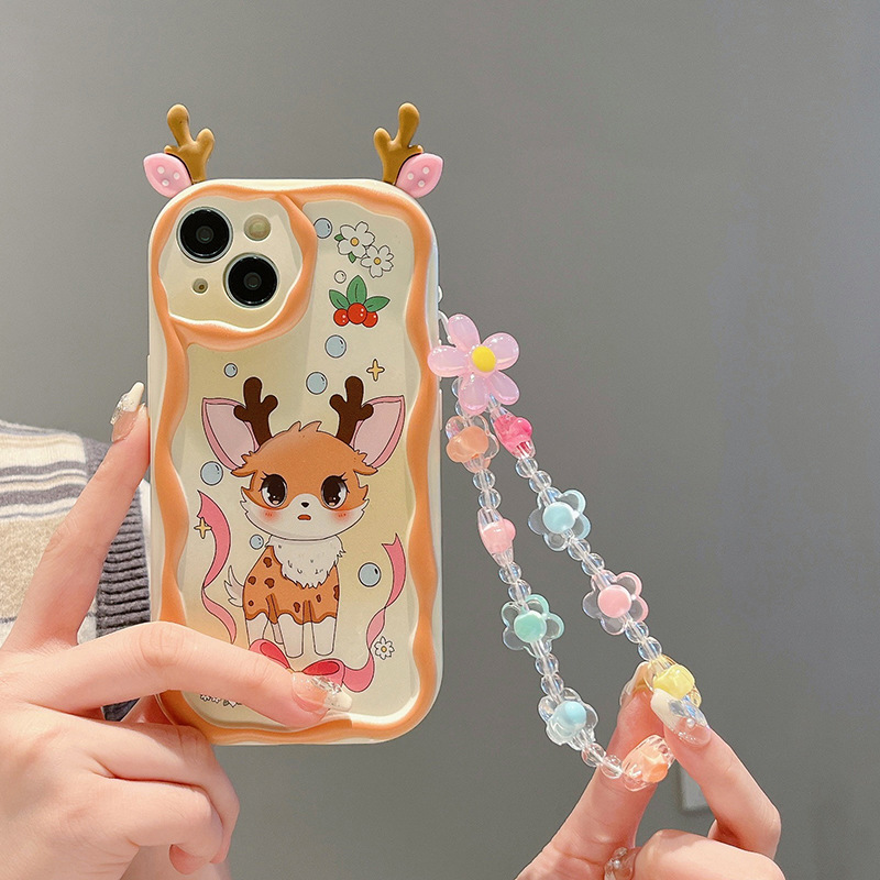 耳朵奶油跨境适用Apple苹果iPhone14/13ProMax全包手机壳小鹿角链