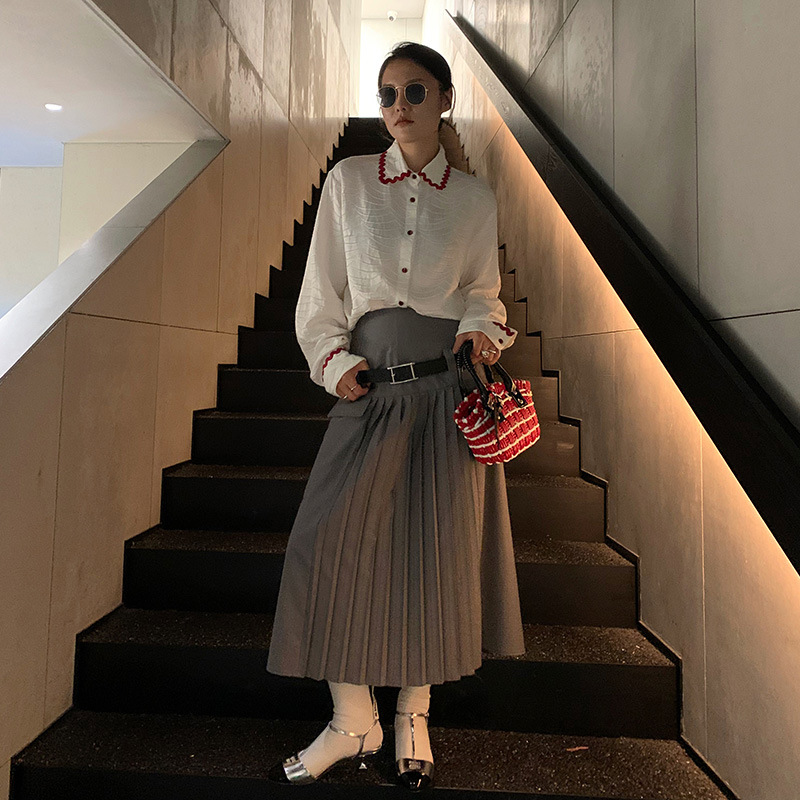 法式通勤气质百褶半身裙女灰色秋季韩系高级感中长裙