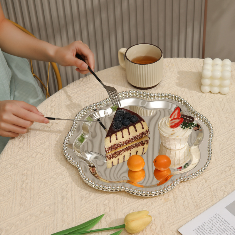 Silver Metal Plum Blossom Bead Point Plate Cake Pastry Plate Light Luxury Style Decoration Storage Tray Fruit Tray details Picture
